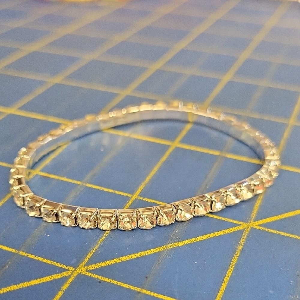 Rhinestone Silver Tone Stretch Tennis 6" Bracelet